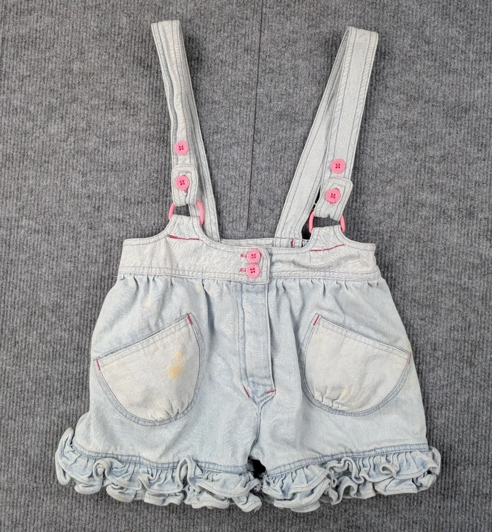 Vintage Kids Overalls Girl 4T Denim Ruffle Y2K Blue Frilly Light Wash Jeans Pink